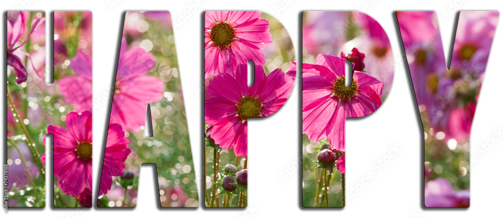 Obraz premium Happy text filled with pink flowers