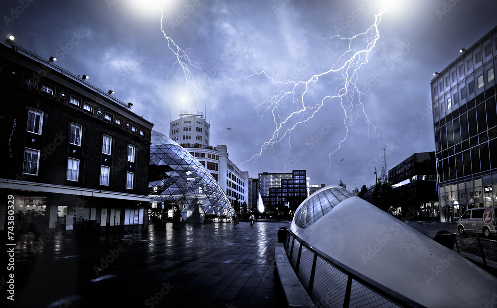 Ghost city during the thunderstorm - obrazy, fototapety, plakaty 