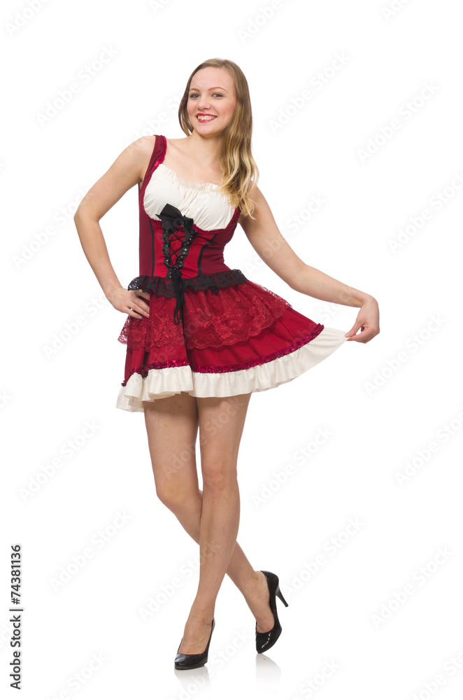 Woman wearing red dress in fashion concept isolated on white Woman wearing red dress in fashion concept isolated on white