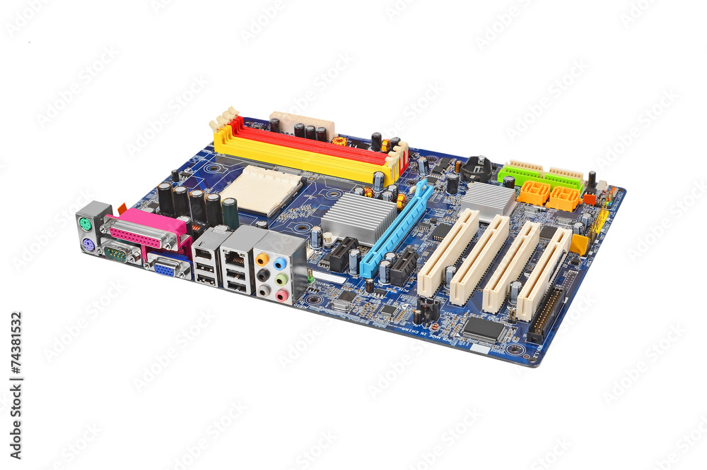 Printed computer motherboard, isolated on white background Printed computer motherboard, isolated on white background