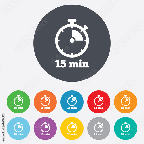 Timer sign icon. 15 minutes stopwatch symbol.