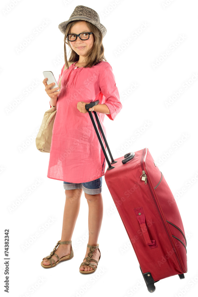 young girl with a red suitcase young girl with a red suitcase