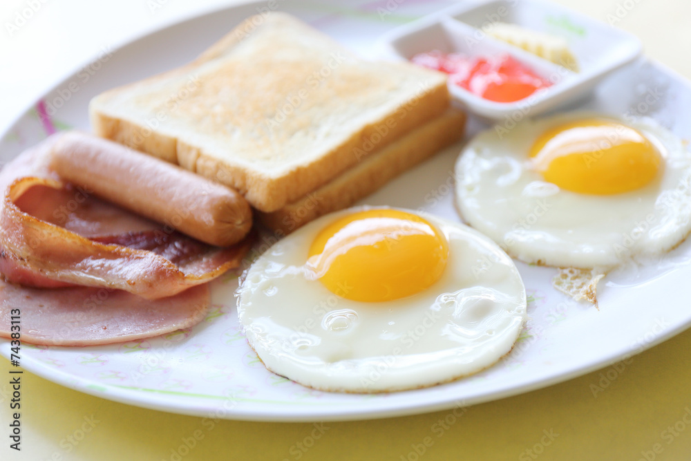 Breakfast with ham , fried egg and bread
