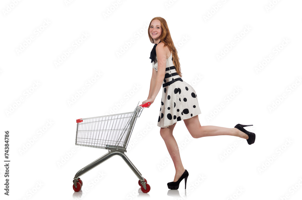 Woman after shopping in the supermarket isolated on white
