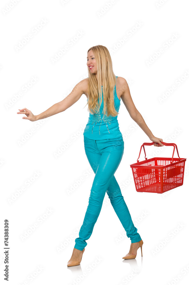 Woman with shopping basket isolated on white