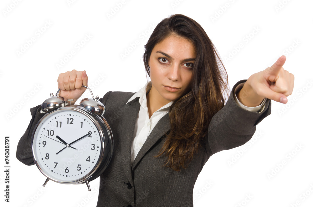 Businesswoman with clock missing her deadlines Businesswoman with clock missing her deadlines