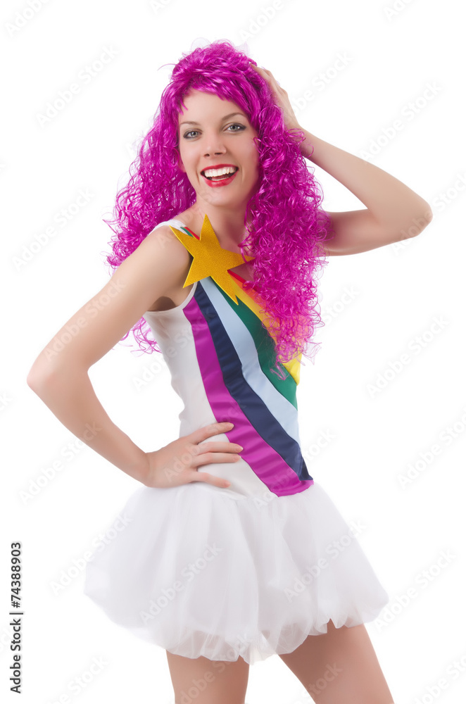Woman with colourful wig isolated on white Woman with colourful wig isolated on white