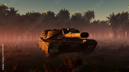 old rusted tank and sun in desert