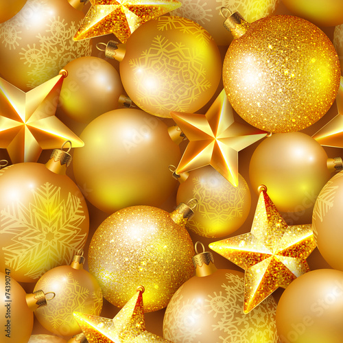 Seamless background with shiny Christmas balls and stars
