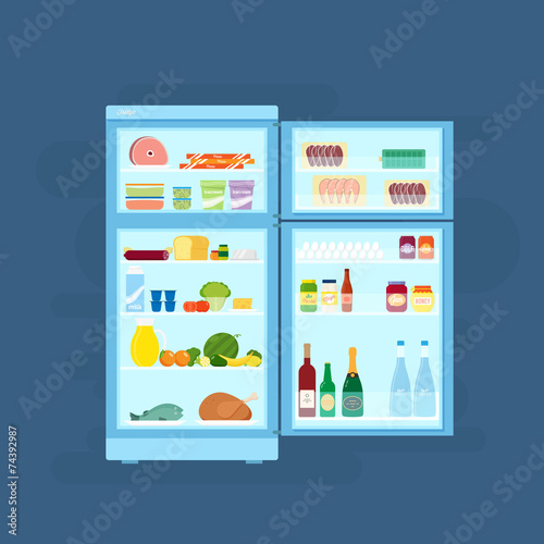 Refrigerator With Food Icons Flat Style Illustration