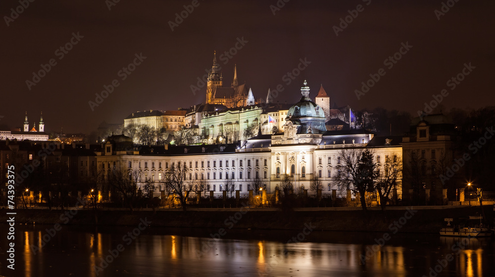 Naklejka premium The night View on bright Prague with St. Vitus Cathedral
