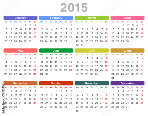 2015 year annual calendar (Monday first, English)