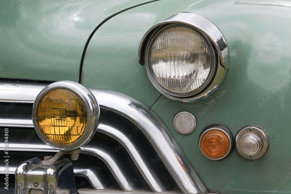 Closeup of Grille and Lights of Restored Classic Car