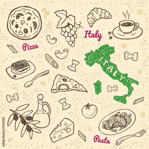 Hand drawn Italy symbols and food set.