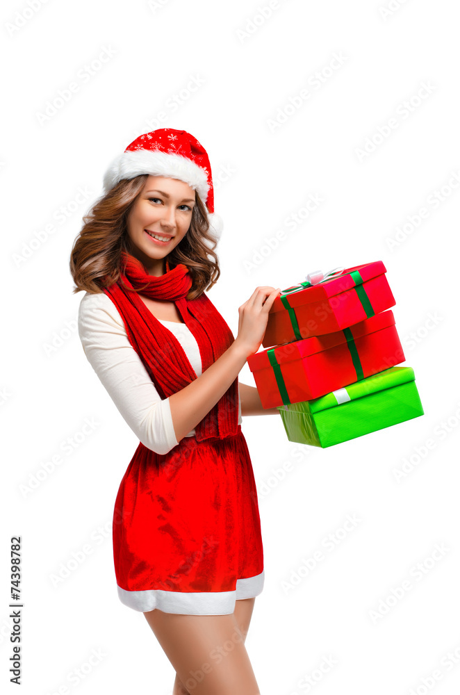 Christmas Santa hat isolated woman portrait hold christmas gift. Christmas Santa hat isolated woman portrait hold christmas gift.