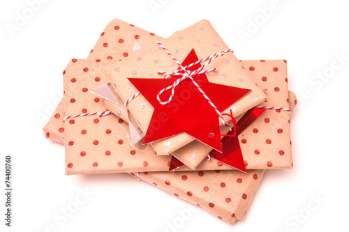 Gift wraped parcels or presents isolated on a white studio backg