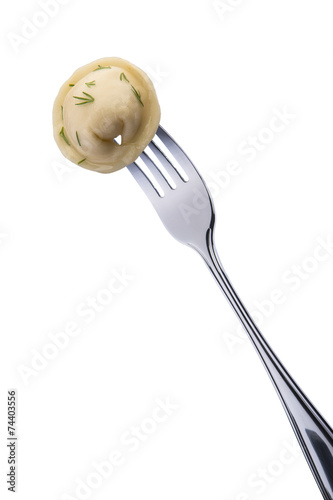 cooked ravioli dumplings with fennel on fork
