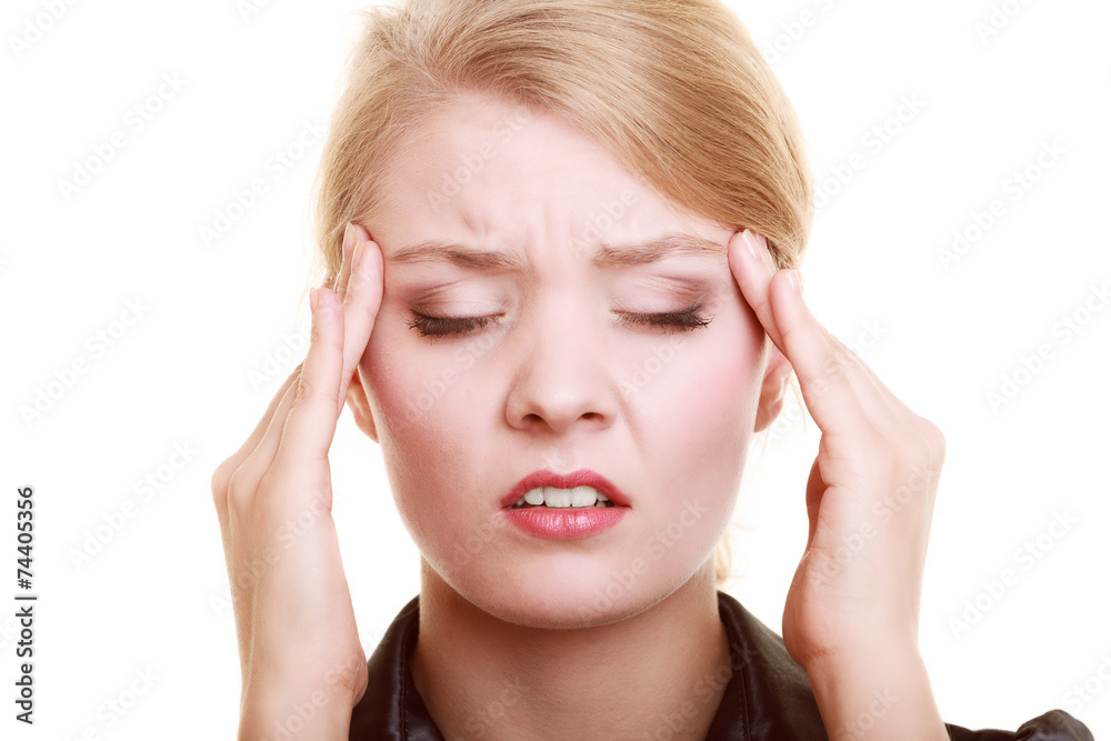 Headache. Woman suffering from head pain isolated. Headache. Woman suffering from head pain isolated.