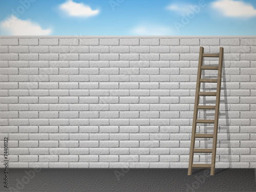 ladder leans on white brick wall