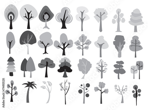 Different Designs of Cartoon Trees in Shades of Grey
