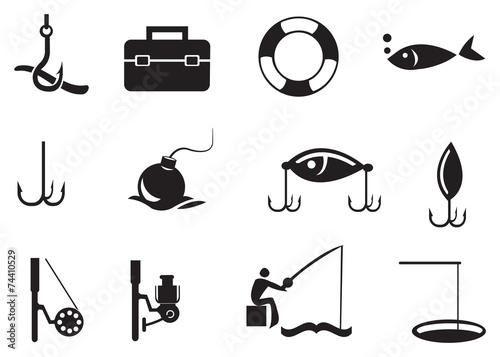 Black Fishing Icons on White Background
