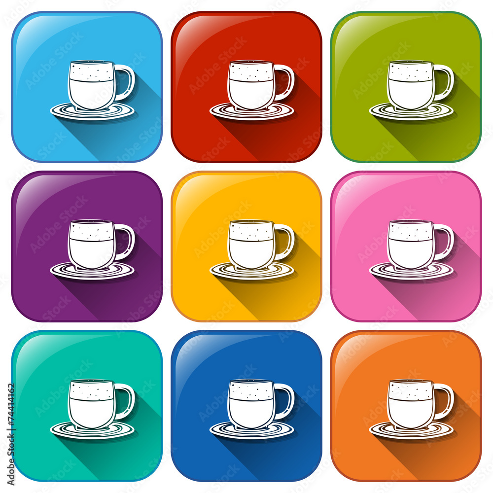 Colourful buttons with mugs and saucers