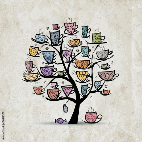 Art tree with mugs and cups. Sketch for your design