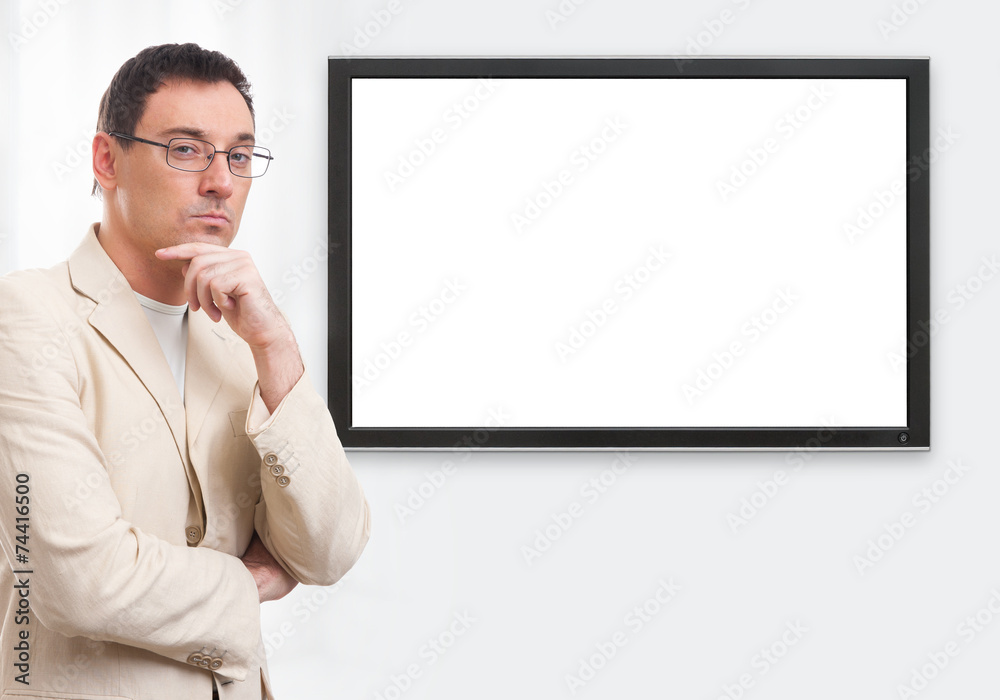handsome casual businessman and digital screen handsome casual businessman and digital screen