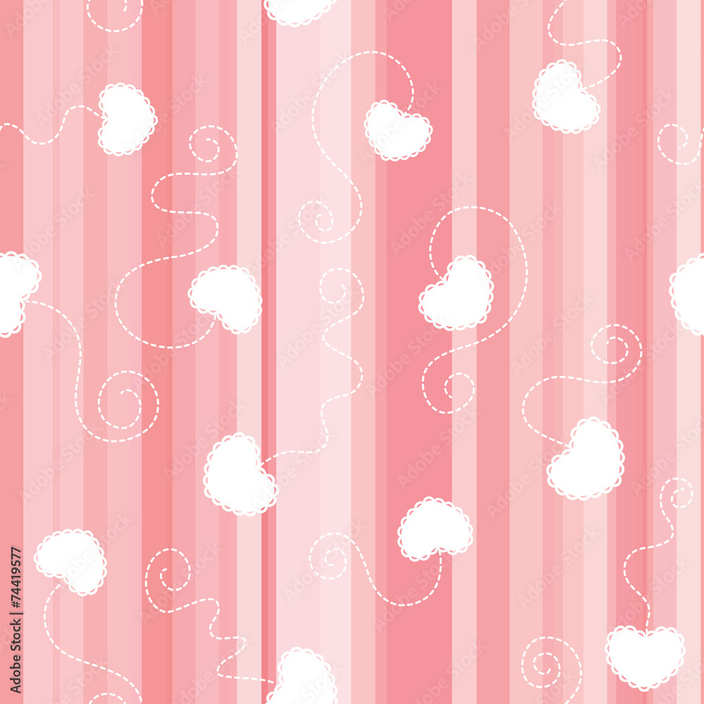 Pink flat striped seamless background with white laced hearts Pink flat striped seamless background with white laced hearts