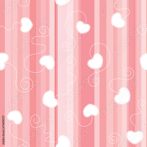 Pink flat striped seamless background with white laced hearts © Koxae