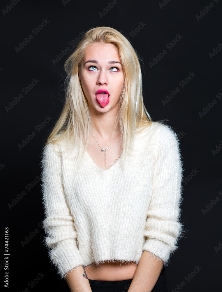 Funny woman portrait on black background Funny woman portrait on black background