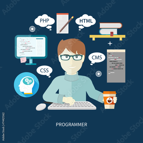 Male programmer with digital devices on workplace