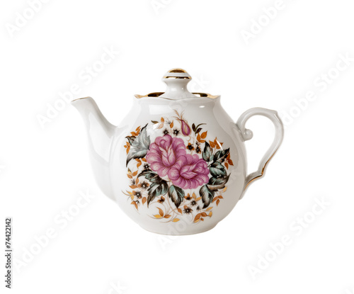 Porcelain teapot with floral ornament  on white