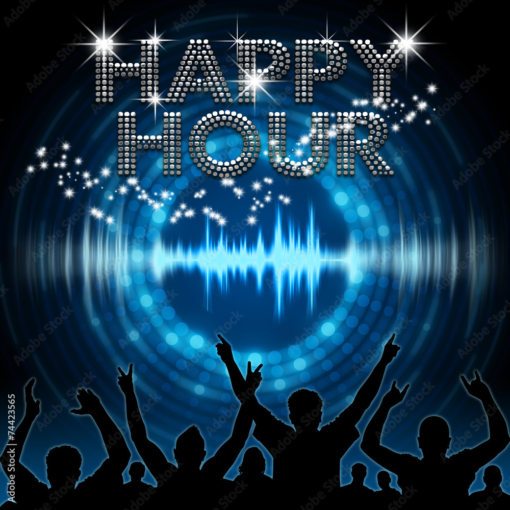 Happy Hour poster blue graphic digital sound - obrazy, fototapety, plakaty 
