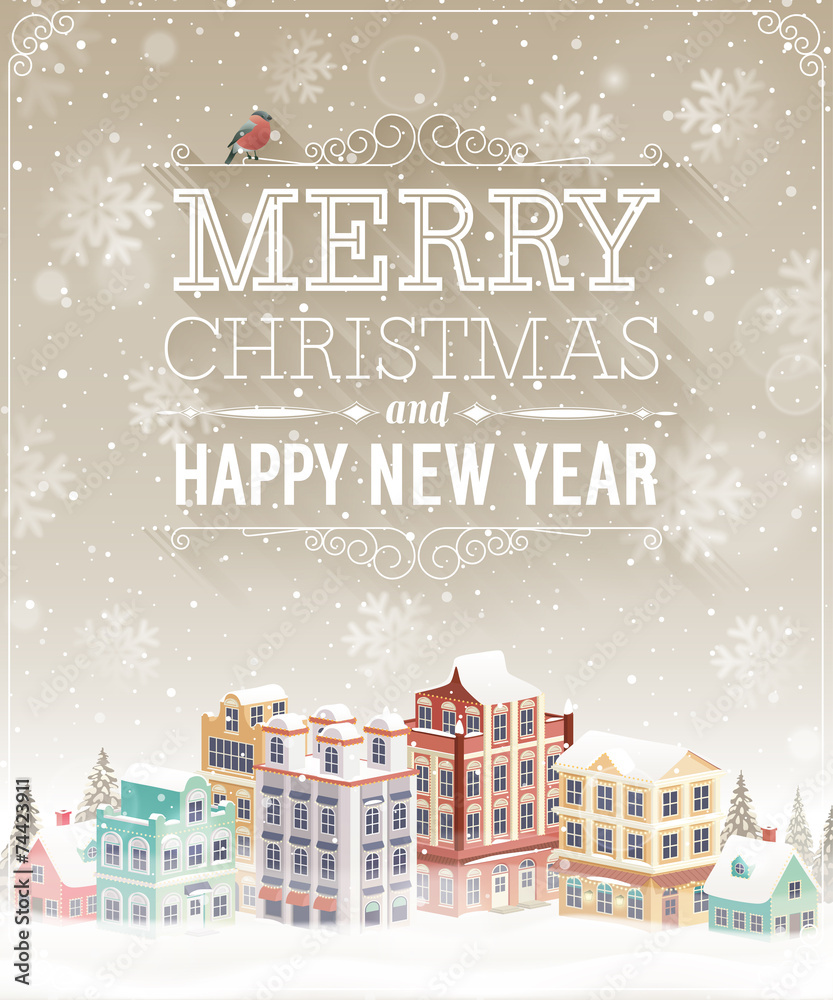 Christmas card with cityscape and snowfall.