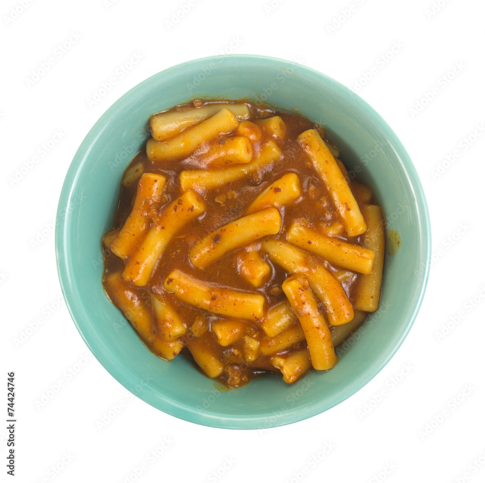 Serving of pasta and beef in tomato sauce Serving of pasta and beef in tomato sauce