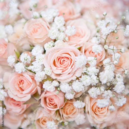 soft pink wedding bouquet with rose bush and little white flower © Julie Boro