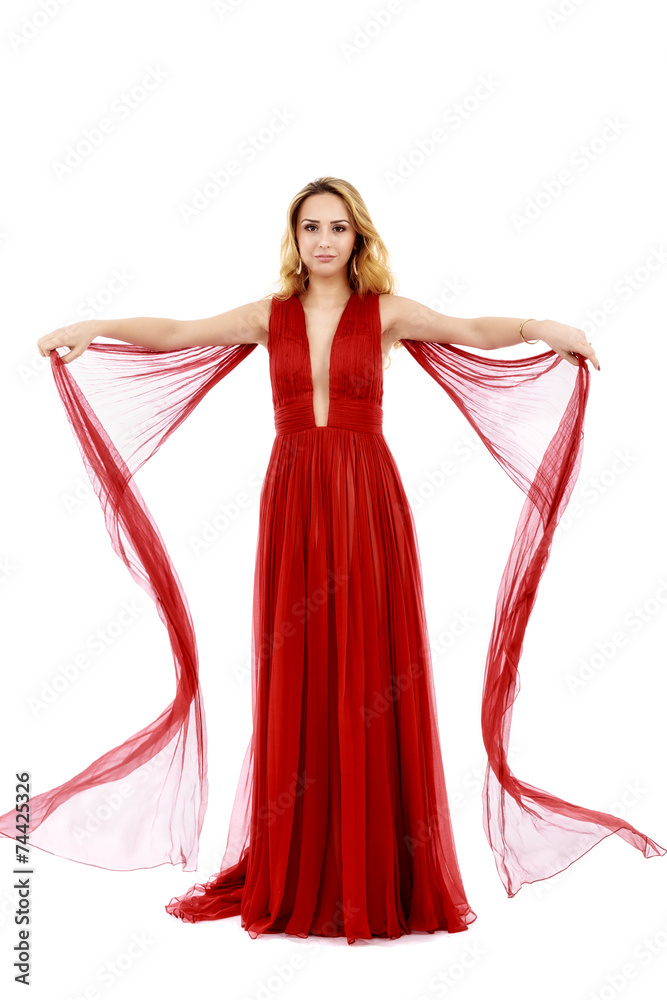 Young beauty woman in fluttering red dress. White background. Young beauty woman in fluttering red dress. White background.
