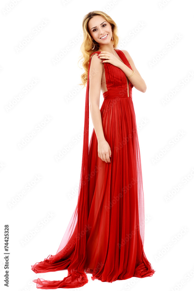 Young beauty woman in fluttering red dress. White background.