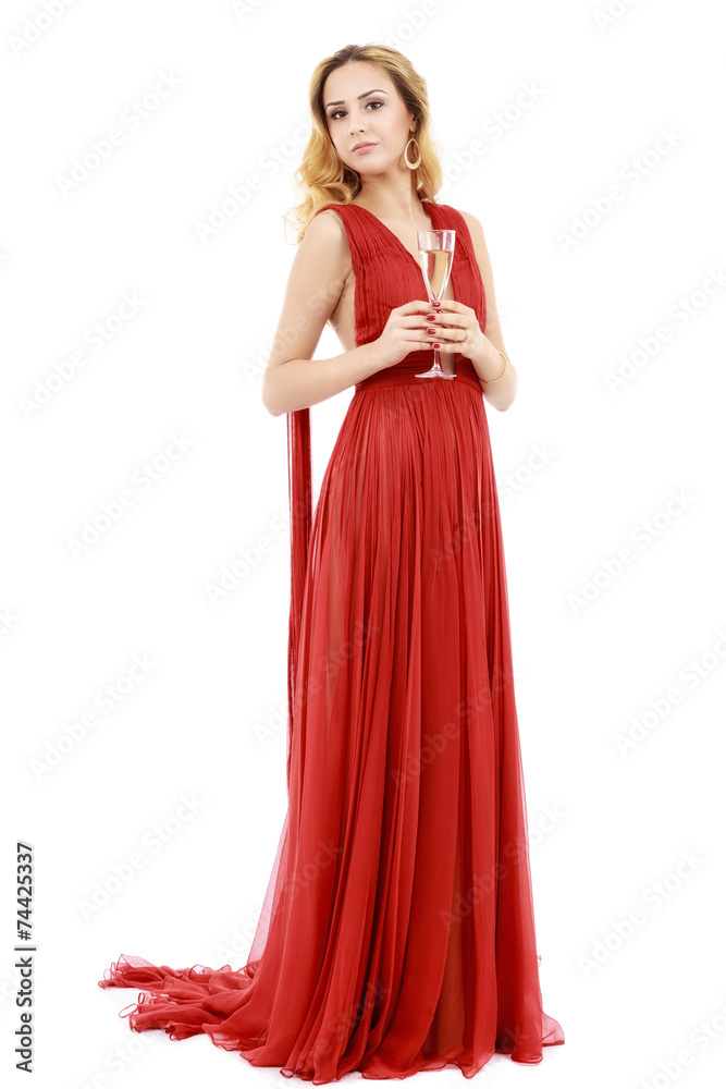 beautiful elegant woman in red dress with a glass of champagne c
