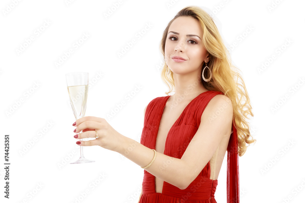 beautiful elegant woman in red dress with a glass of champagne c beautiful elegant woman in red dress with a glass of champagne c