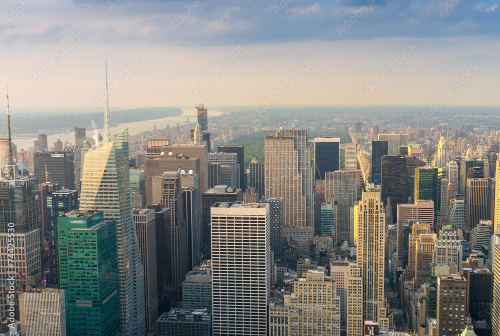 Spectacular aerial view of Manhattan. Skyscrapers at dusk