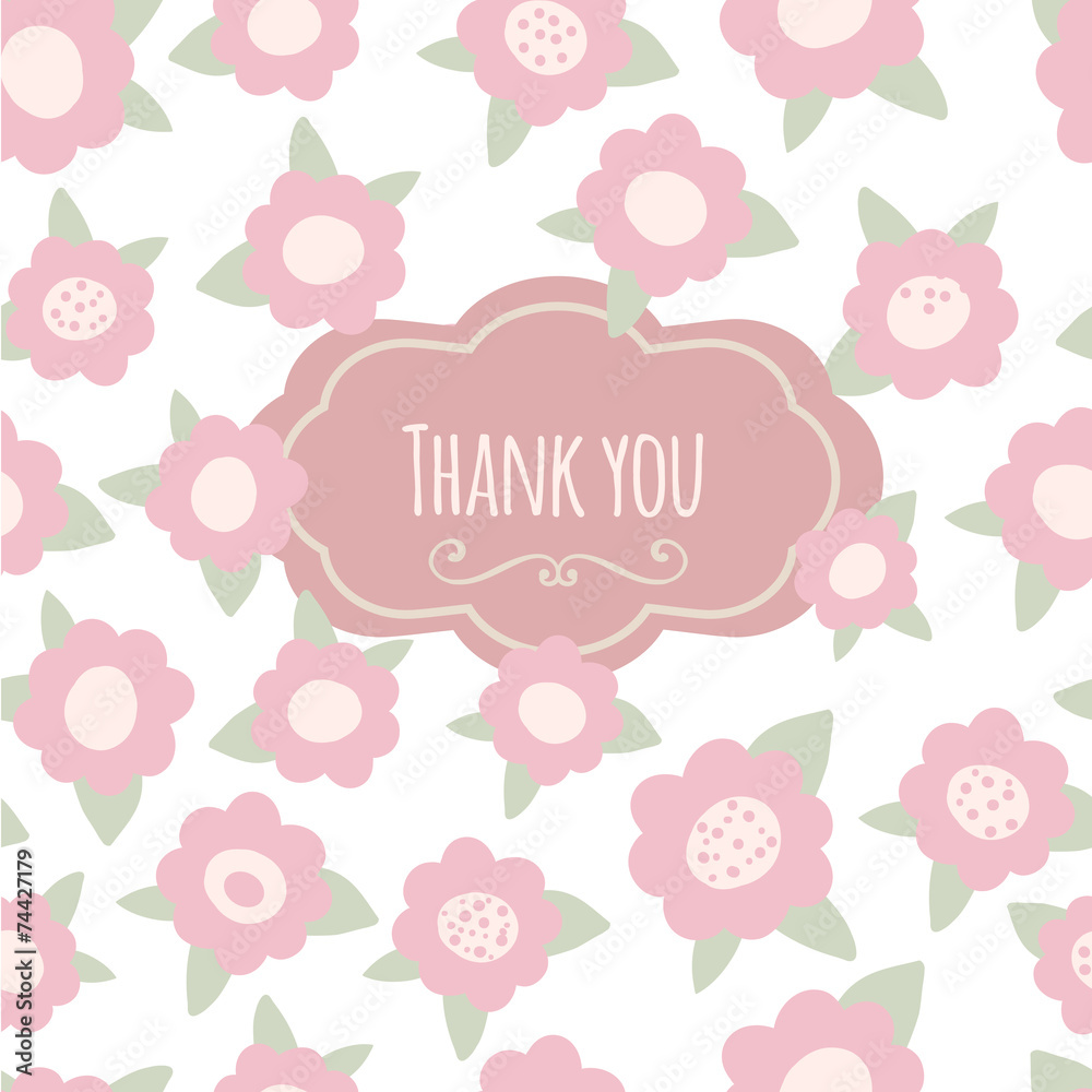 Thank you card. floral with text and flowers. Pink pastel hand