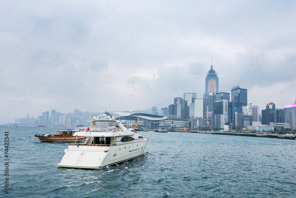 yacht,cityscape and victoria harbor of  hongkong