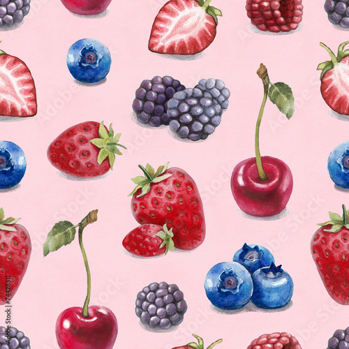 Fototapeta Naklejka Na Ścianę i Meble -  Watercolor illustration of berries. Seamless pattern
