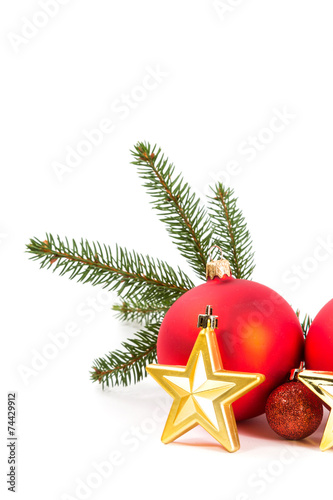 red Christmas balls and fir branch