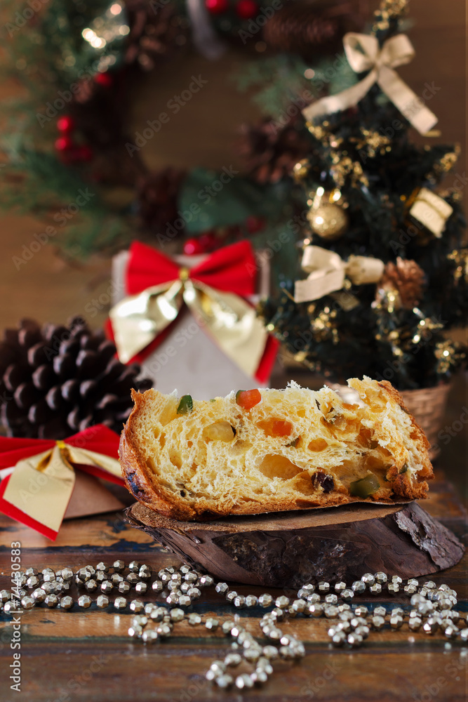 Piece of Panettone - sweet bread loaf with fruit traditional for