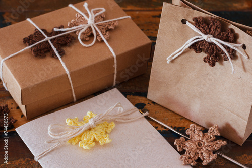 Colorful crochet snowflakes for Christmas decoration of bow, gre