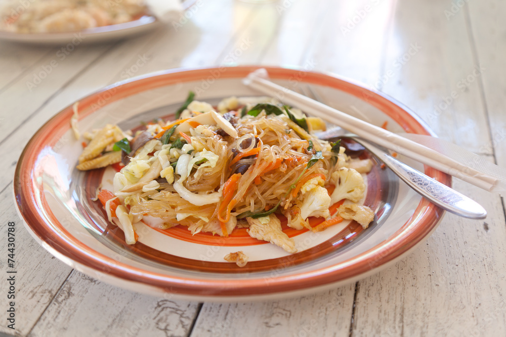 traditional Thai food, pad thai, noodles with vegetables and mea traditional Thai food, pad thai, noodles with vegetables and mea