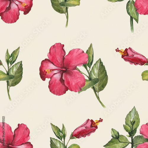 Watercolor hibiscus flower illustration. Seamless pattern